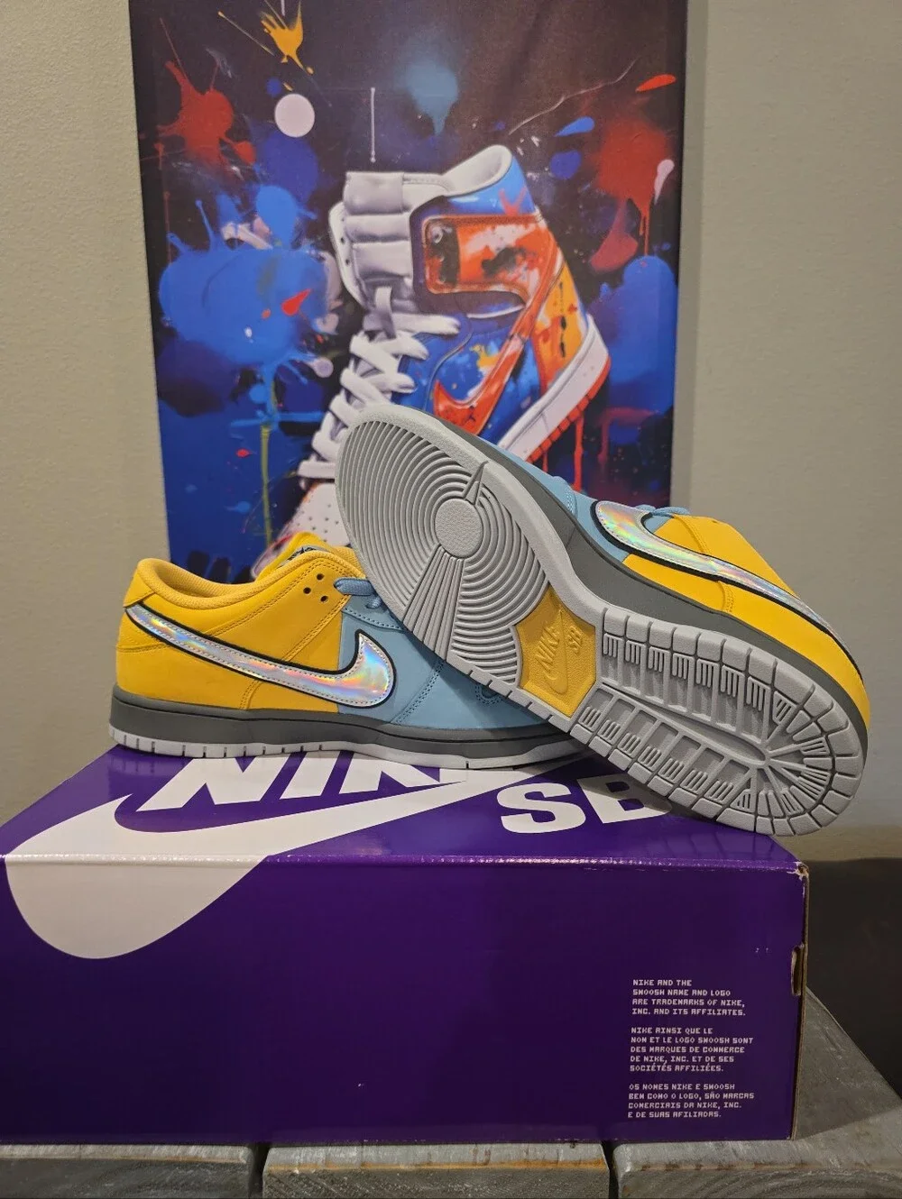 Nike SB Dunk Low Yellow and Light Blue with Holographic Swoosh